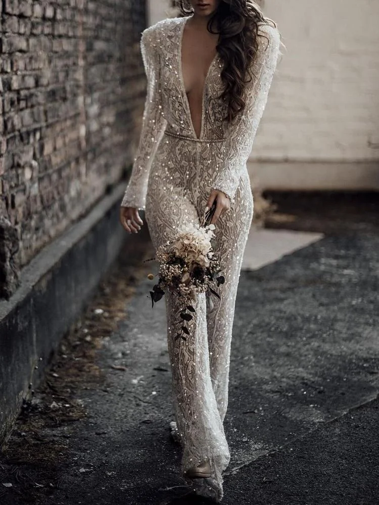 Sexy sequins deep collar open back jumpsuit-zachics