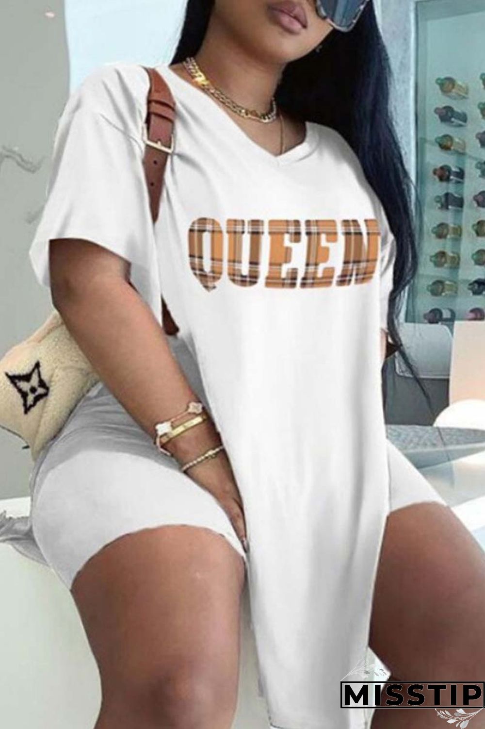 Black White Casual Print Patchwork V Neck Plus Size Two Pieces