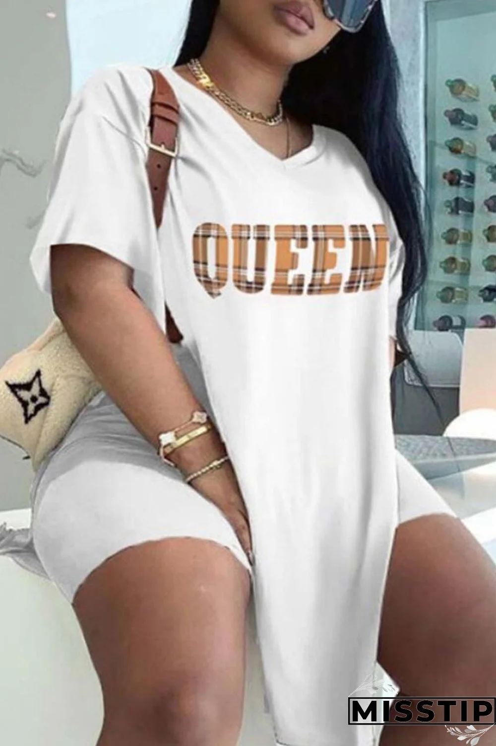 Black White Casual Print Patchwork V Neck Plus Size Two Pieces