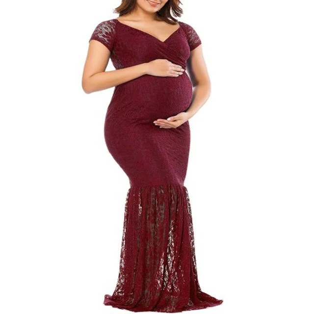 Maternity Gown  Baby Shower Dress for Women Pregnant  White Sexy Deep V-Neck Long Sleeve Lace Perspective Tight Tailed