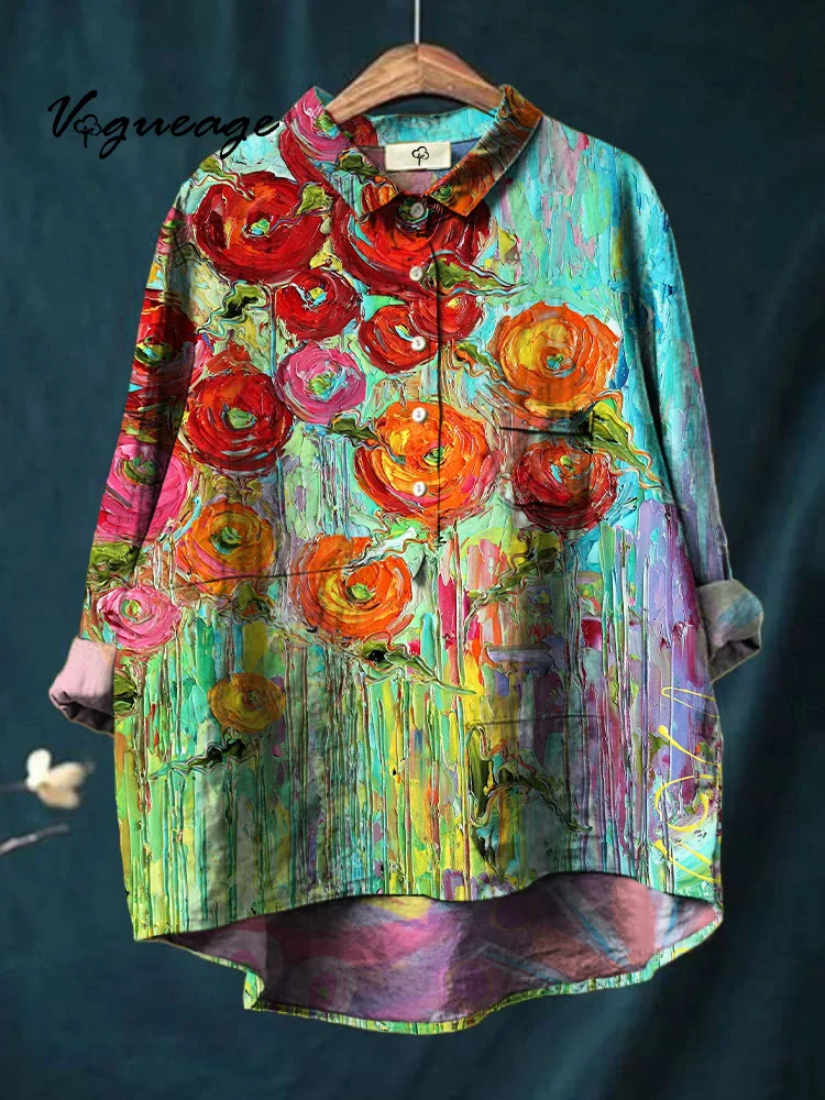 Beautiful And Elegant Painted Flowers Printed Cotton And Linen Shirt