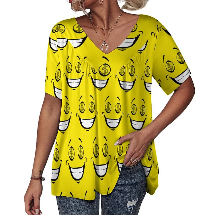 Rich Greedy Money Eyes Yellow Face Women's Summer Shirred V Neck Plus Size Tunic T-Shirt Loose Short Sleeves Tee Tops - Heather Prints Shirts