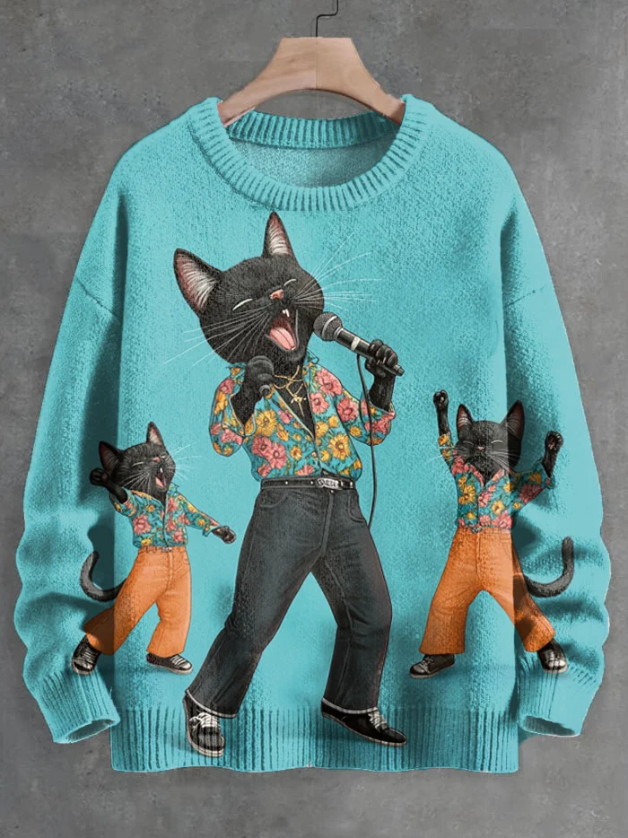 Men's Retro Black Cat Singing Print Knit Sweatshirt