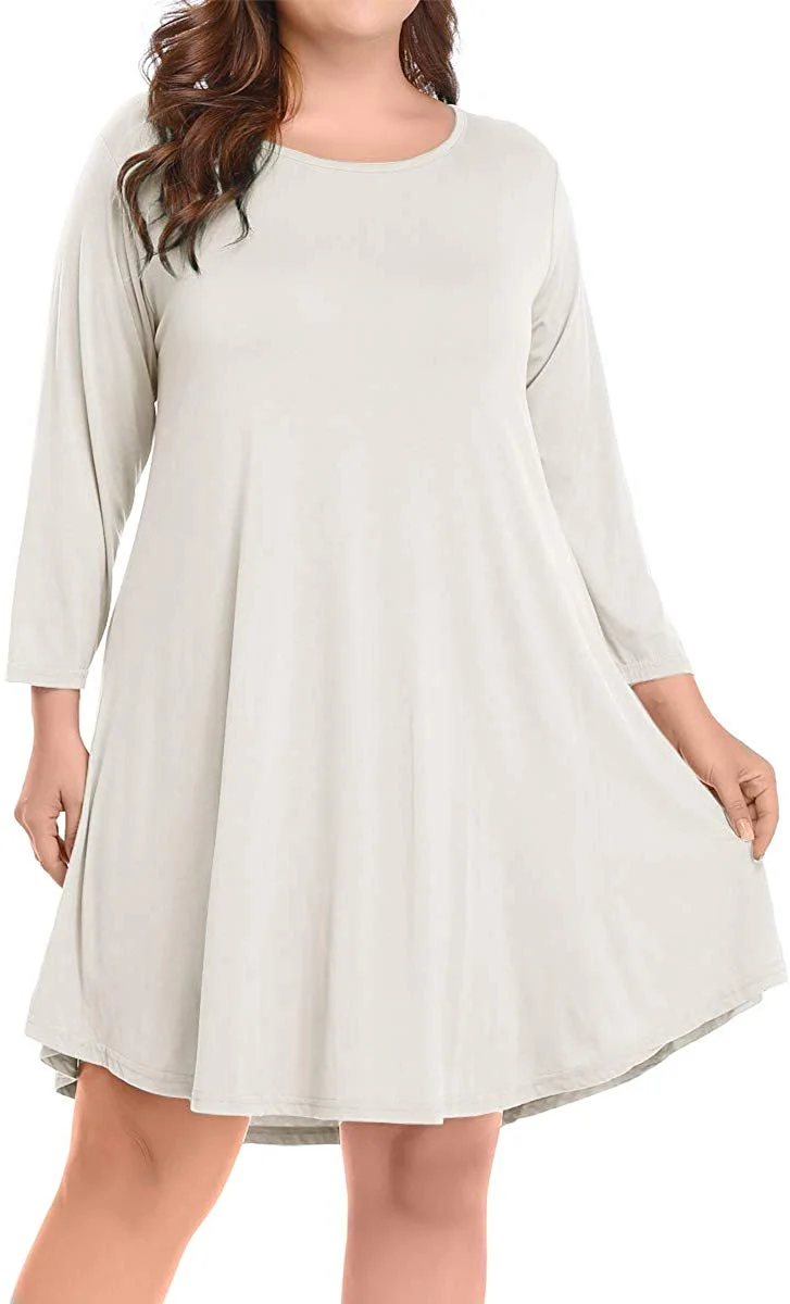 Women's Casual Flare Plain Simple 3/4 Sleeve T-Shirt Loose Dress