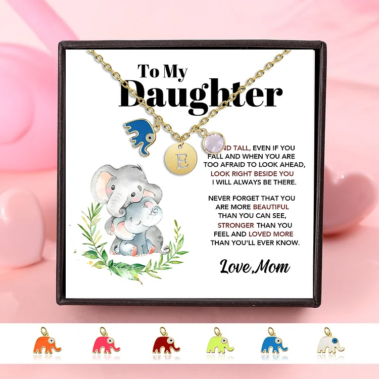 To My Daughter Personalized Elephant Necklace Custom Birthstone and Initial Kid's Necklace