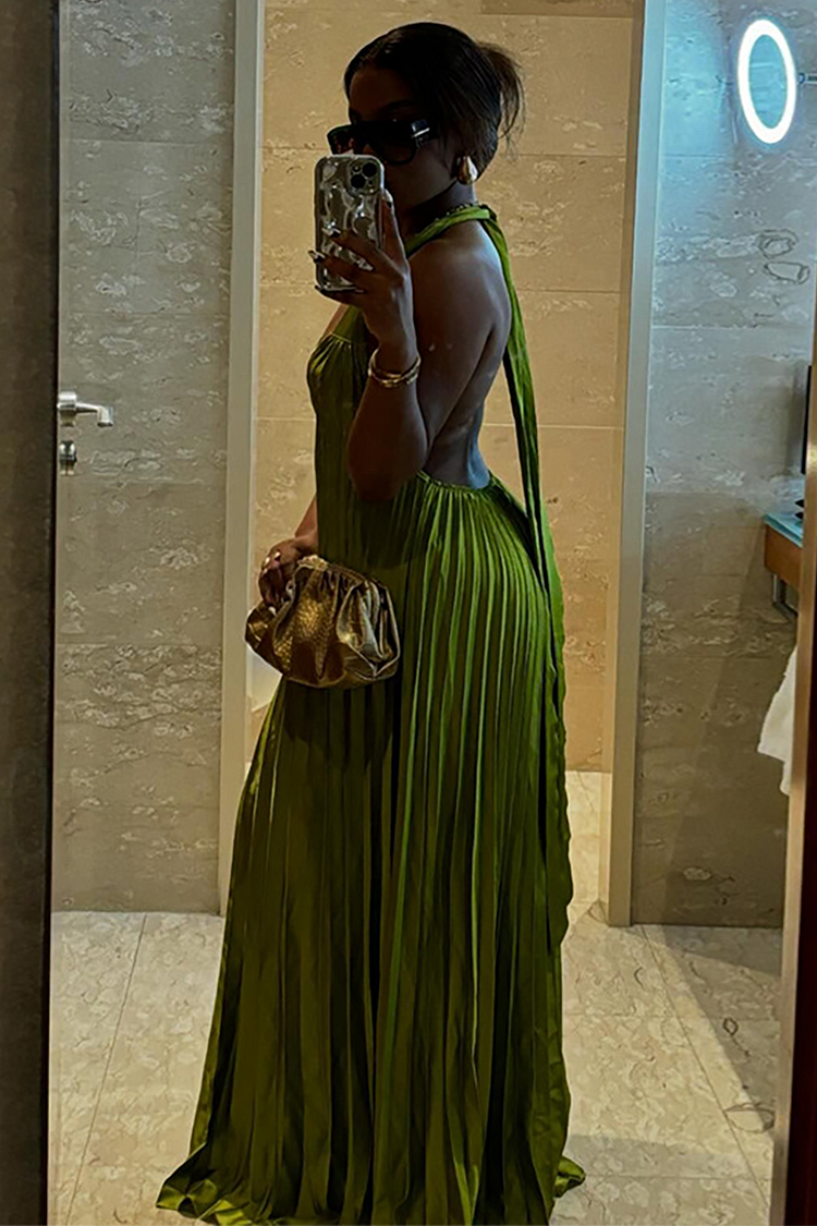 Irregular Neckline Pleated Hem Backless Halter Neck Gowns Maxi Dresses-Green