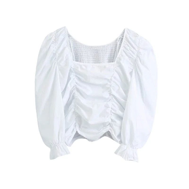 TRAF Women Fashion Elastic Smocked Ruffled Cropped Blouses Vintage Square Collar Lantern Sleeve Female Shirts Chic Tops