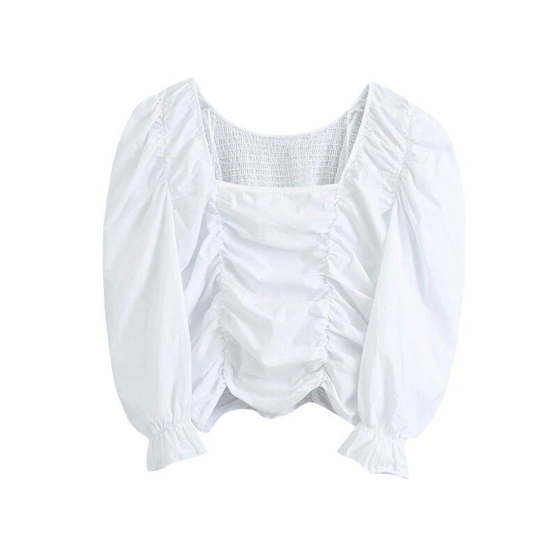 TRAF Women Fashion Elastic Smocked Ruffled Cropped Blouses Vintage Square Collar Lantern Sleeve Female Shirts Chic Tops
