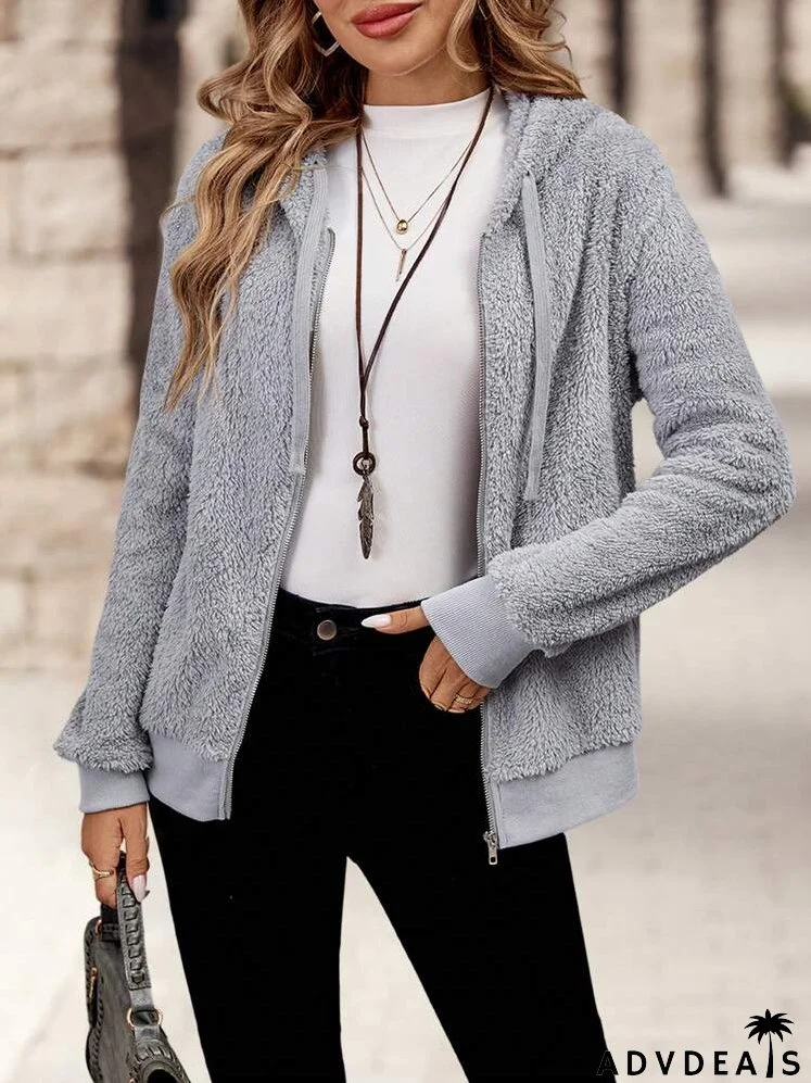 Casual Solid Color Fuzzy Drawstring Hoodie, Autumn & Winter