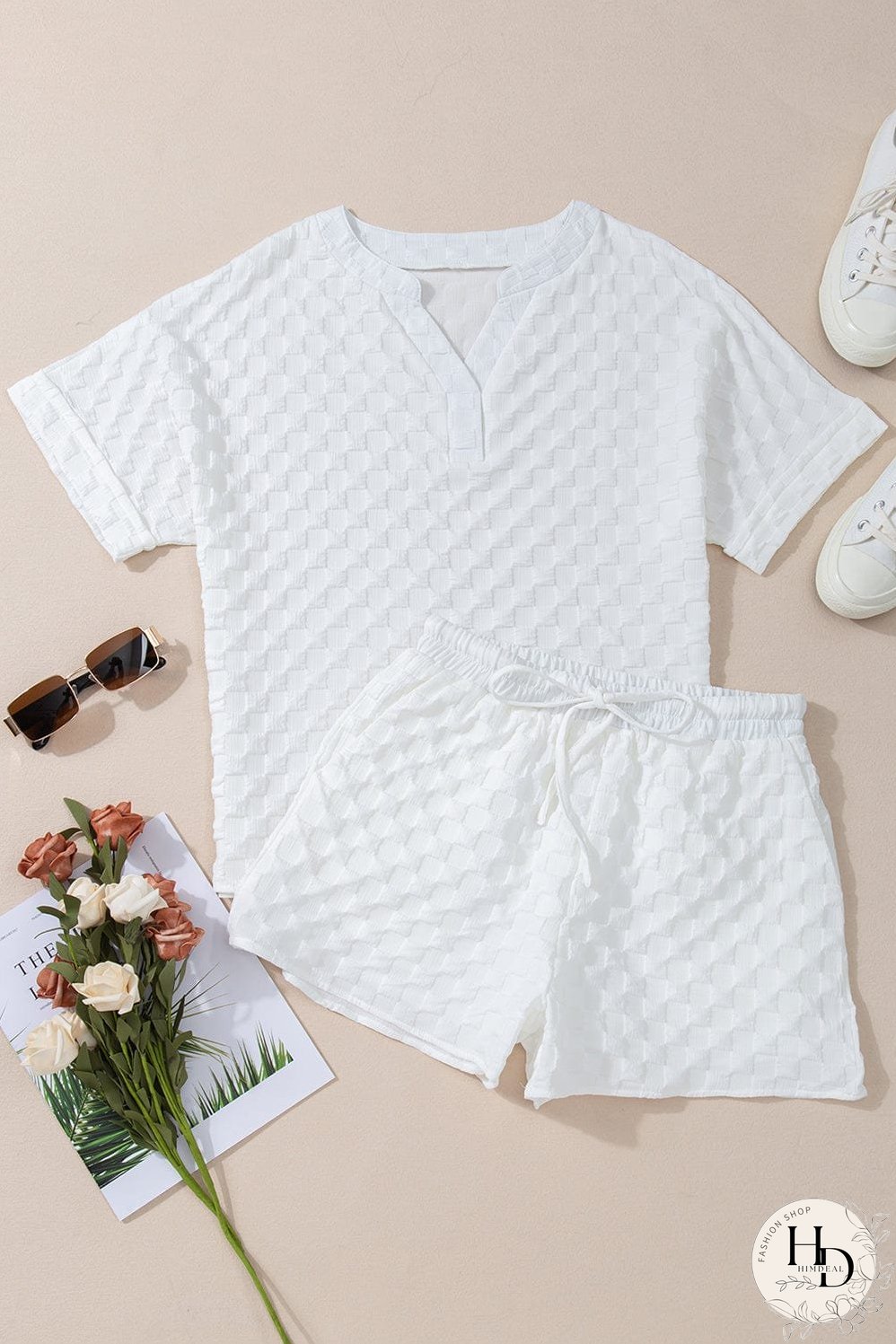 Chic White Textured V-Neck Top and Drawstring Shorts Ensemble