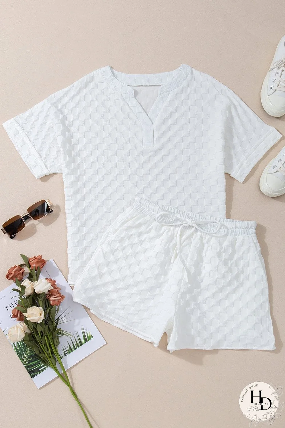 Chic White Textured V-Neck Top and Drawstring Shorts Ensemble