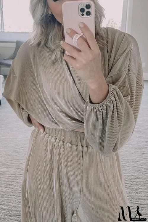 MidiSono - Pleated Crop Blouse Wide Leg Pants Set