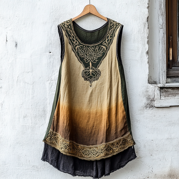 Utbros Women's Viking Tree Of Life Celtic Knot Gradient Art Linen Sleeveless Top
