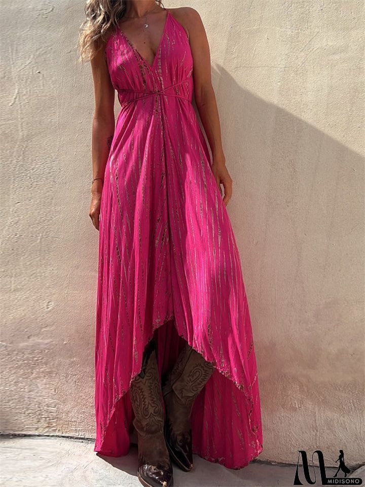 MidiSono - Boho Style Lady Sexy Big Swing Spaghetti Strap Dress