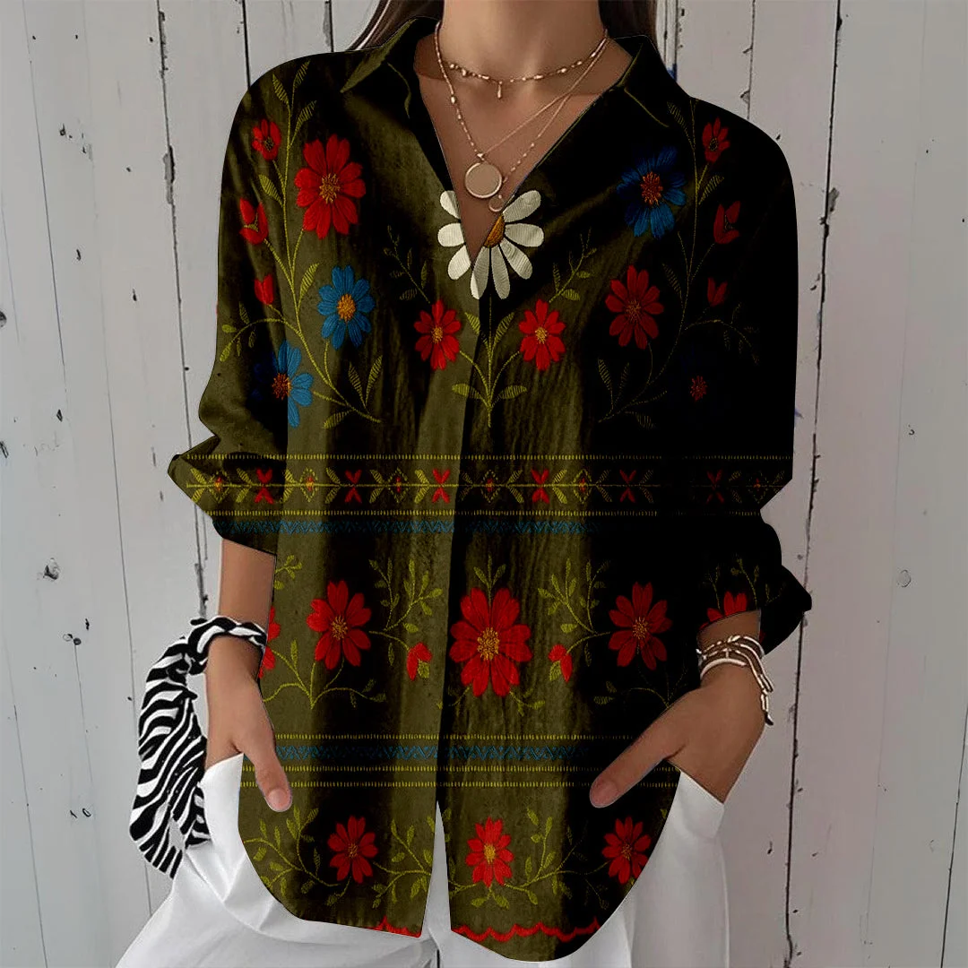 Style & Comfort for Mature Women Women Retro,Black,Gold DZCL0327 3/4 Sleeve Shirt Collar Printed Button Tops