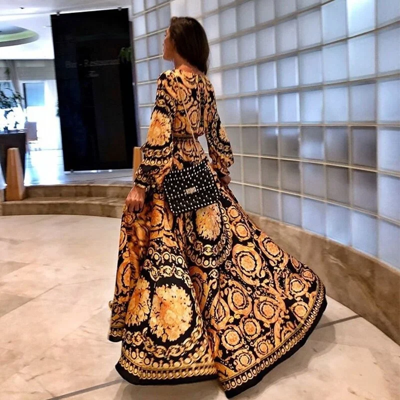 Women Retro Dresses Bohemian Floral Print Gold Color Deep V Neck Womens Maxi Dress Sexy Paisley Female Party Dress Robe Clubwear