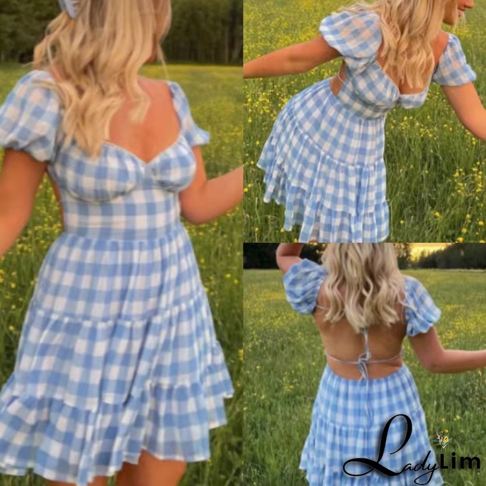 Summer Women's Square Neck Plaid Print Sexy Low Back Ruffle Puff Sleeve Dress