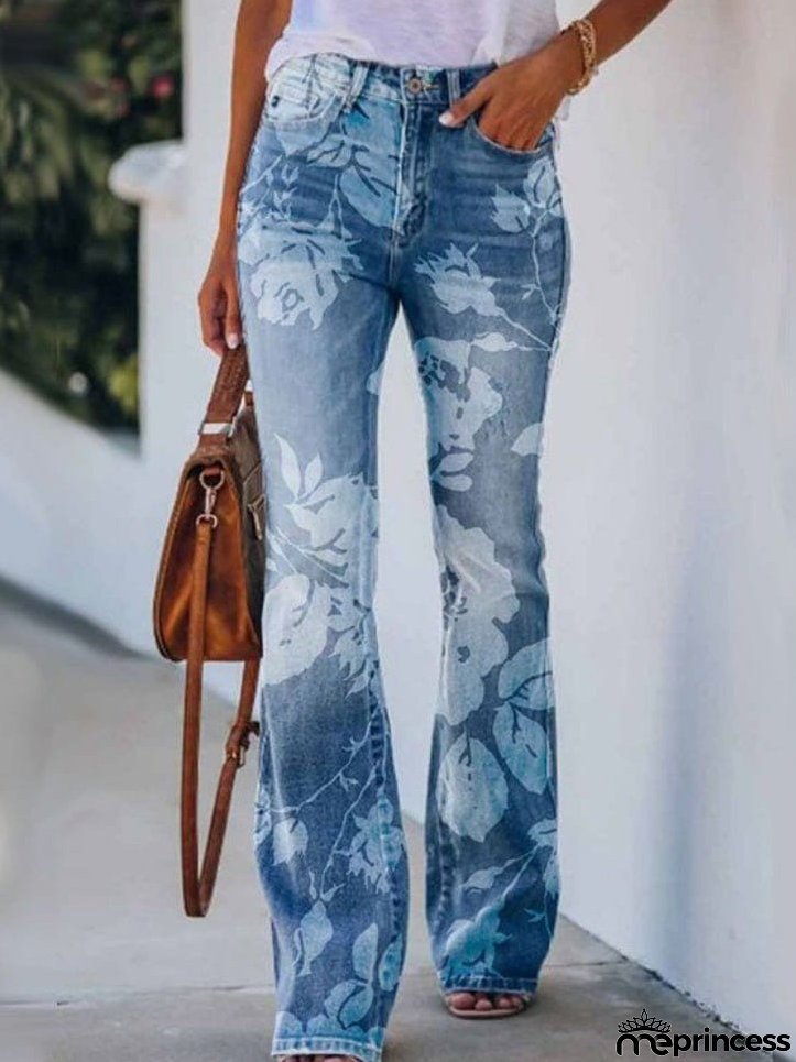 Jeans Printed Single-Breasted Pocket Casual Jeans for Women