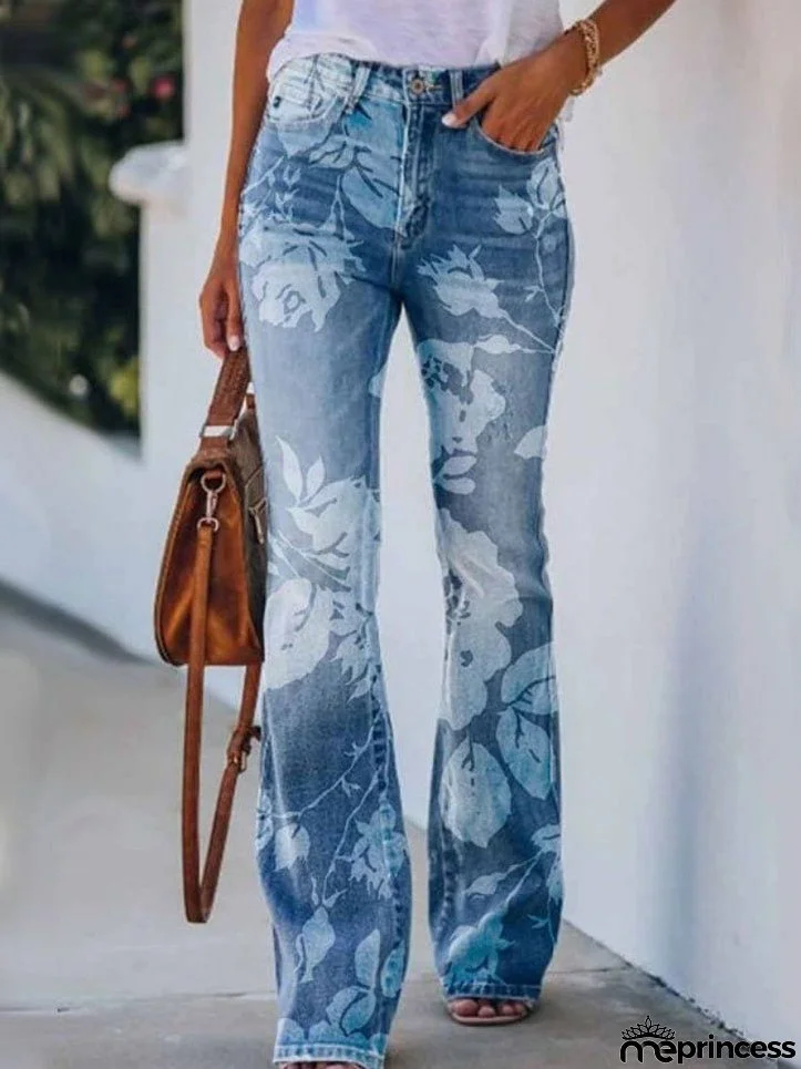 Jeans Printed Single-Breasted Pocket Casual Jeans for Women