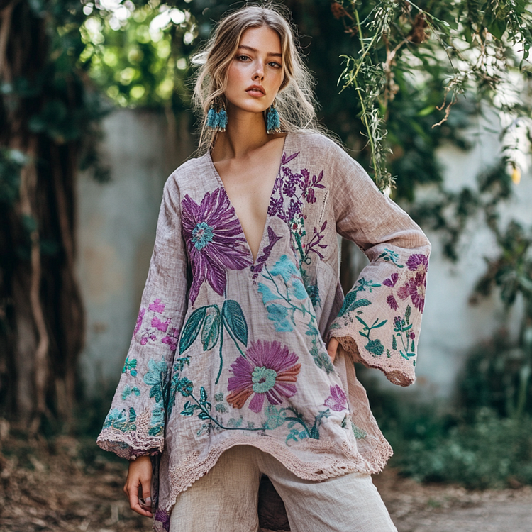 Utbros Vintage Floral Embroidered Linen V Neck Tunic