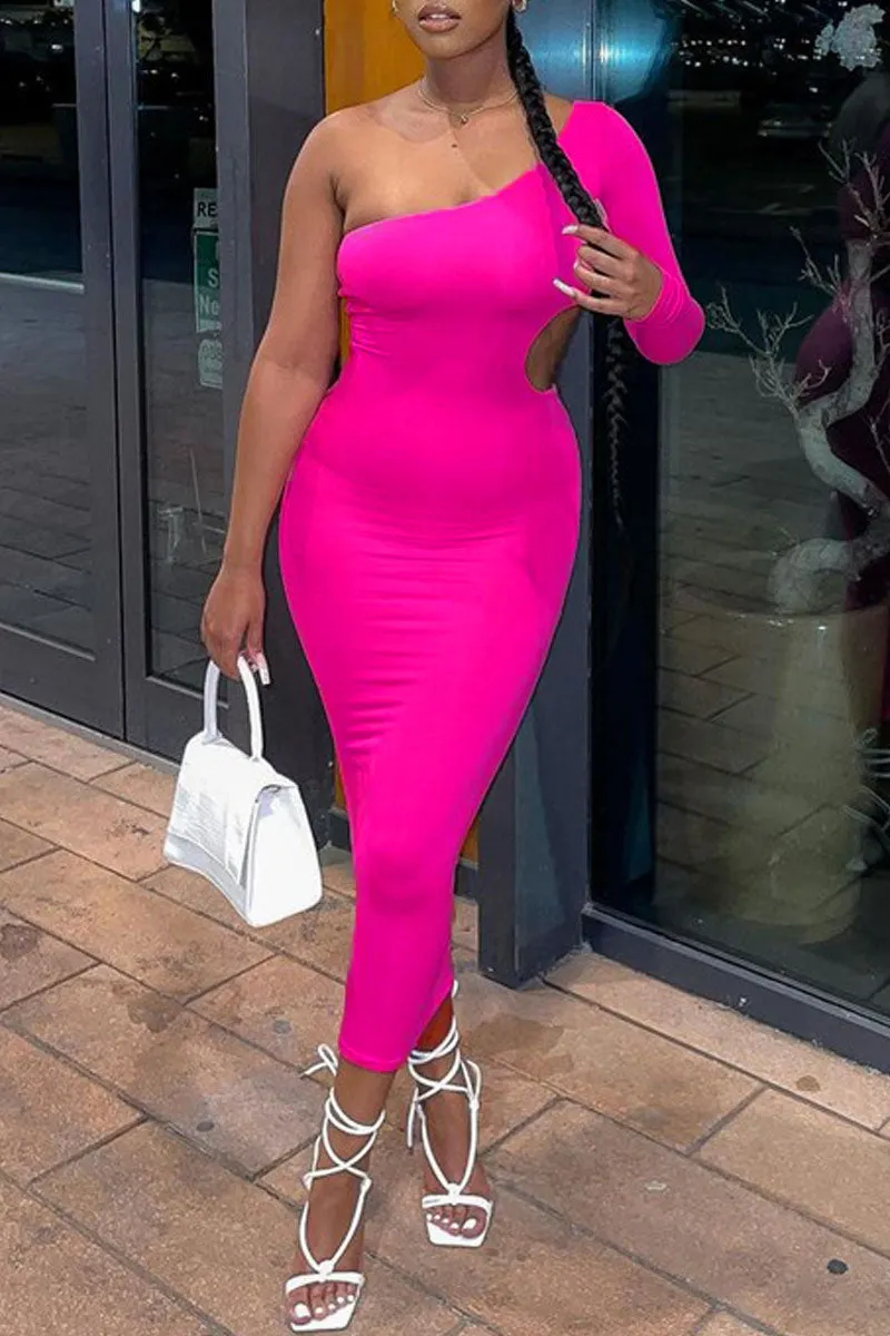 Celebrities Elegant Solid Hollowed Out Oblique Collar One Shoulder Dress Dresses