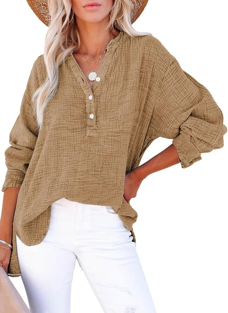 Women's Casual Gauze Button Down Neck Long Sleeve Oversized Top 