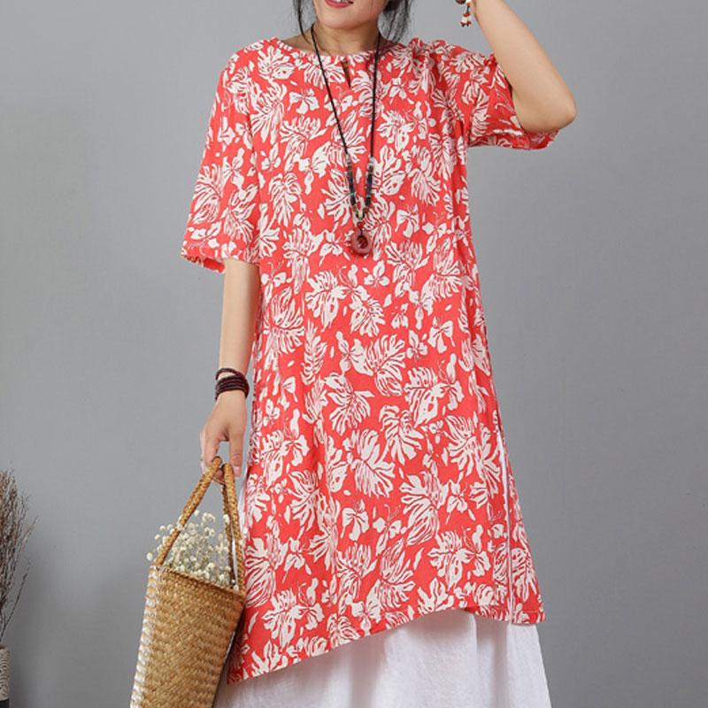 VCSHOES pure Cotton Blend tops plus size Printed Ethnic Cotton Blend Split Orange Red Tops