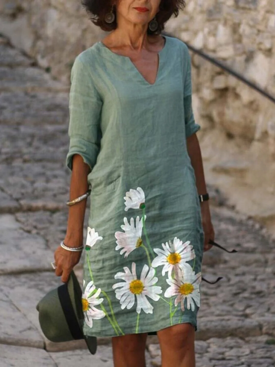 Green 3/4 Sleeve Floral V Neck Casual Daily Weaving Dress | IFYHOME
