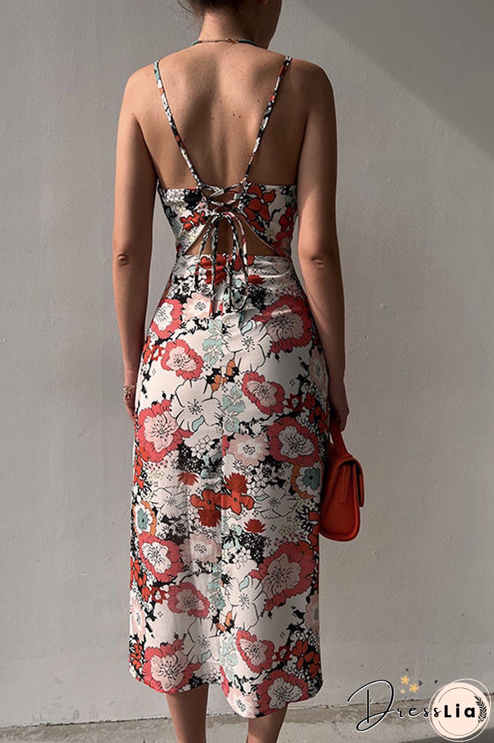 Floral Lace Back Slip Slit Slim Dress