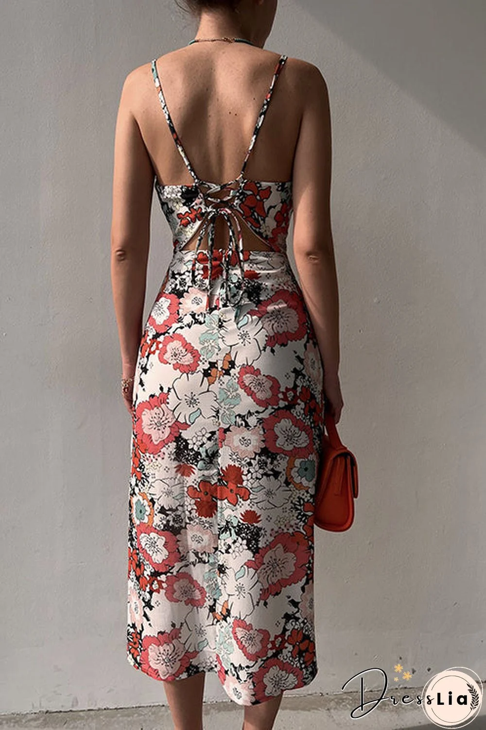 Floral Lace Back Slip Slit Slim Dress