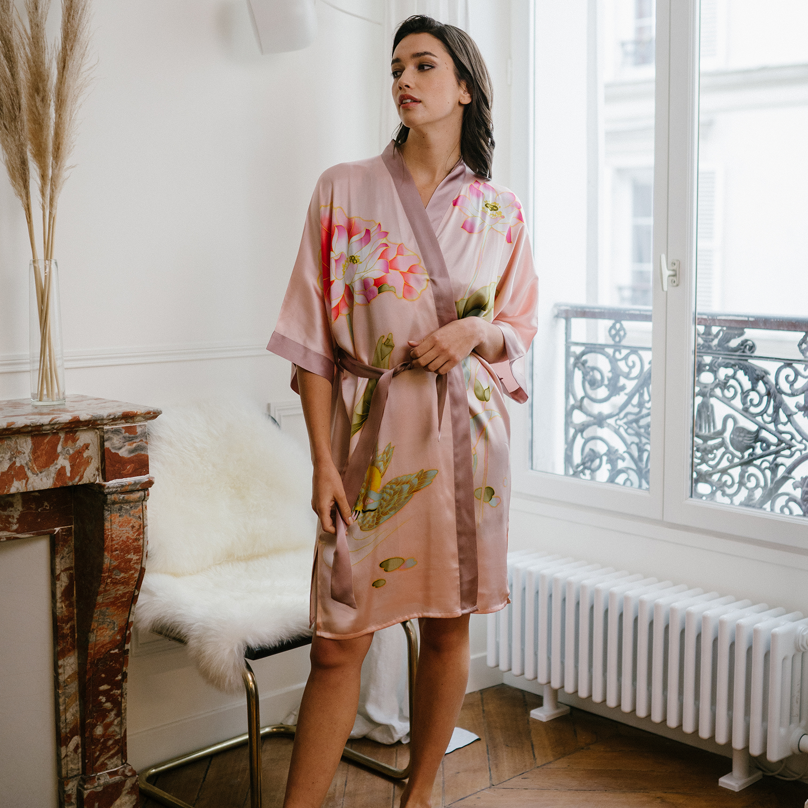 19 Momme Deep Pink Floral Women's Silk Kimono Robe REAL SILK LIFE