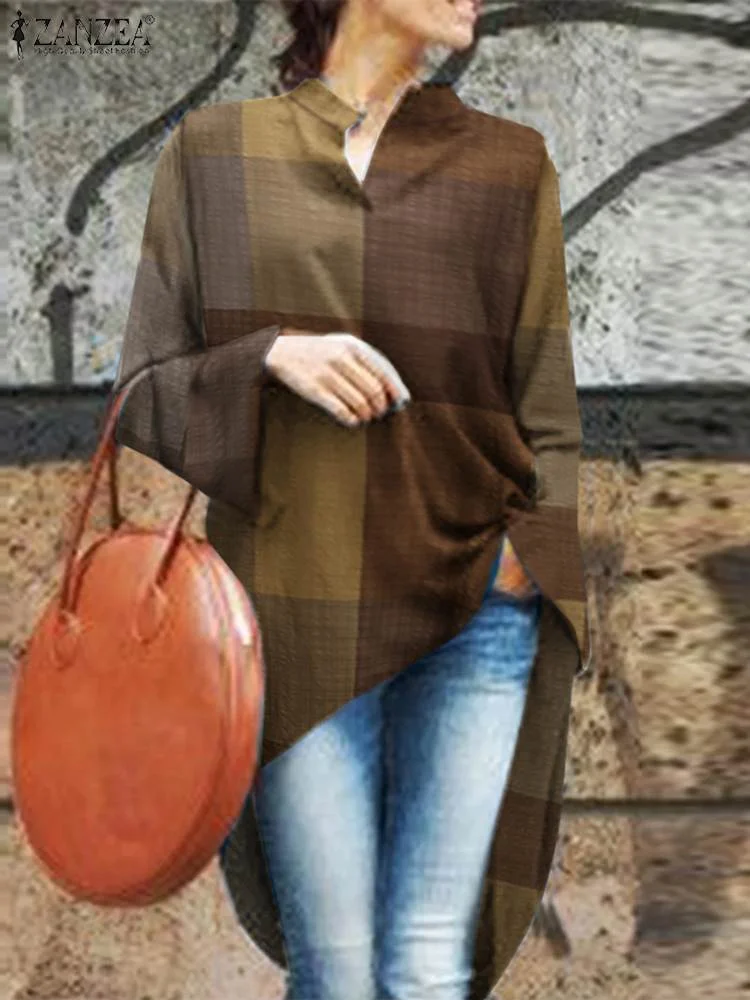 ZANZEA Summer Long Sleeve Plaid Checked Blouse Women Asymmetrical Shirt 2022 Fashion High Low Hem Blusas Loose Casual Tops Tunic