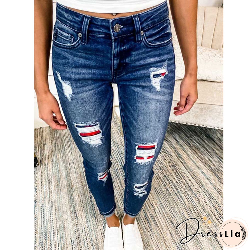 Womens Jeans Printed Patch Ripped Hole Washed Denim Trouser