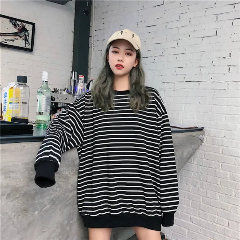 Hoodies Women Oversize Striped All-match Black Spring Autumn Pullover Womens Korean Style Casual Hoodie Hip Hop Sweatshirts New