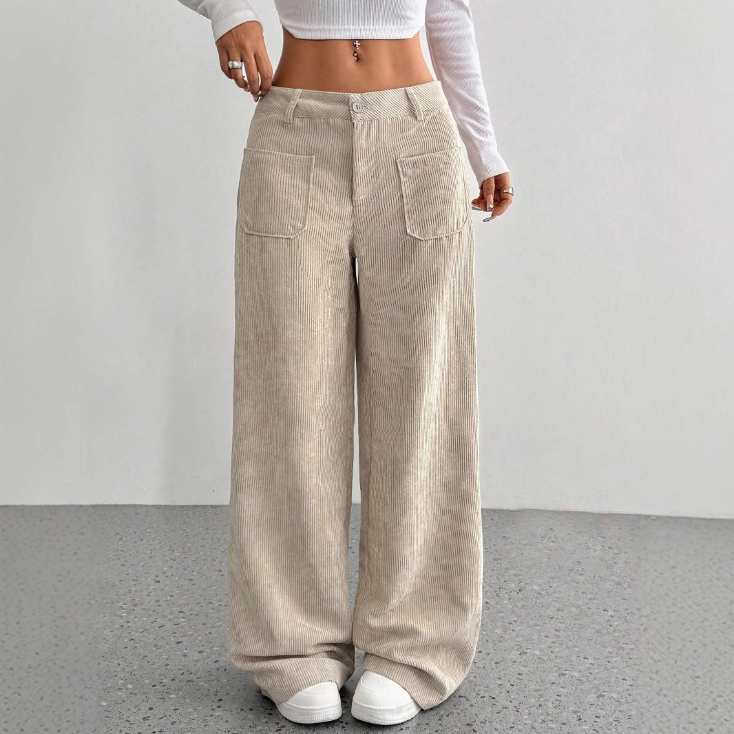 Women's High Waist Front Patch Pockets Loose Striped Trousers