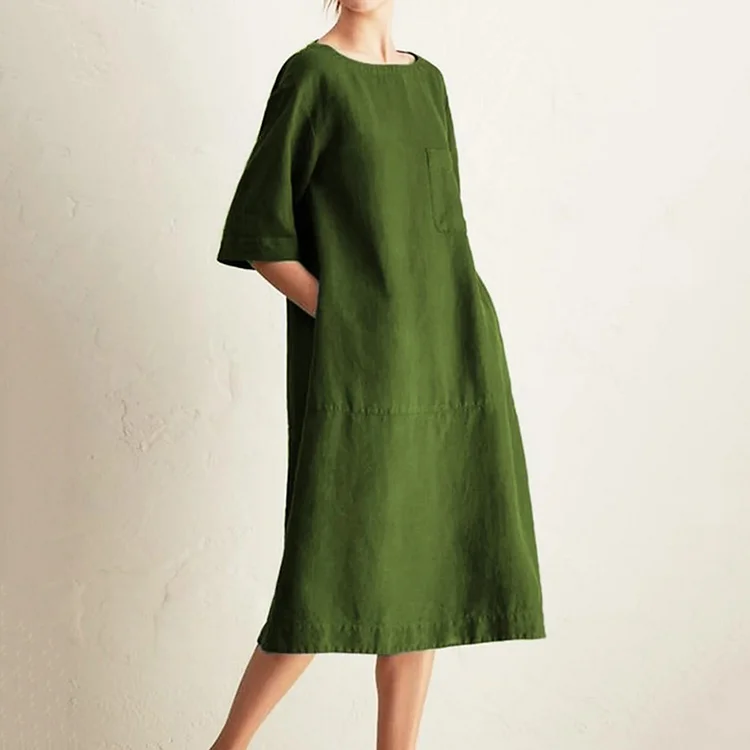 Vintage Plain Pocket Round Neck Short Sleeve Midi Dress