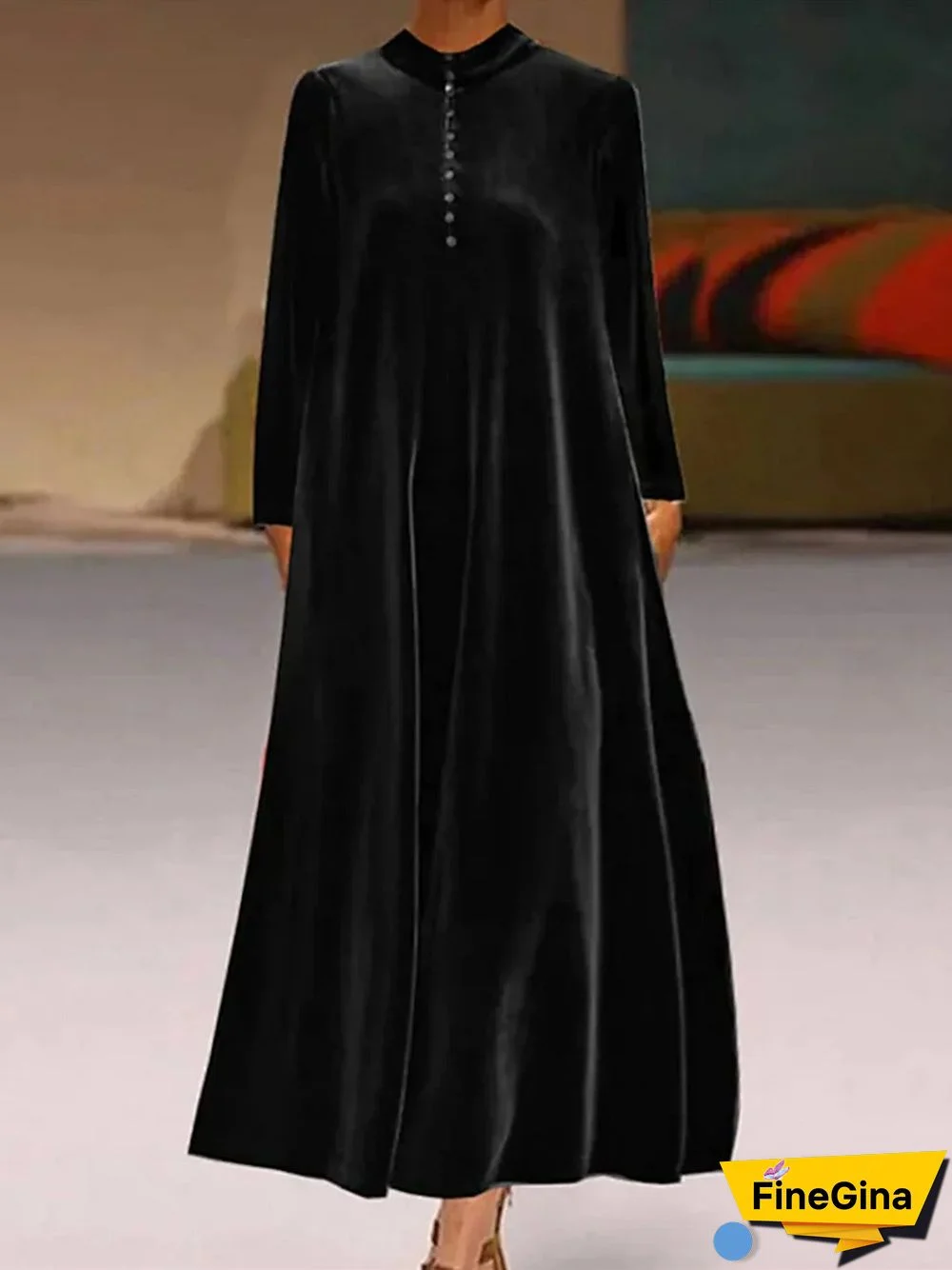 Women's Long Sleeve Turtle Neck Solid Color Buttons Maxi Dress