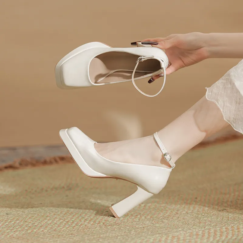 Churchf Churchf Shallow Mouth With Mary Jane Heels Square Head Waterproof Platform Patent Leather High Shoes Single Shoes One Word Buckle Women's Shoes