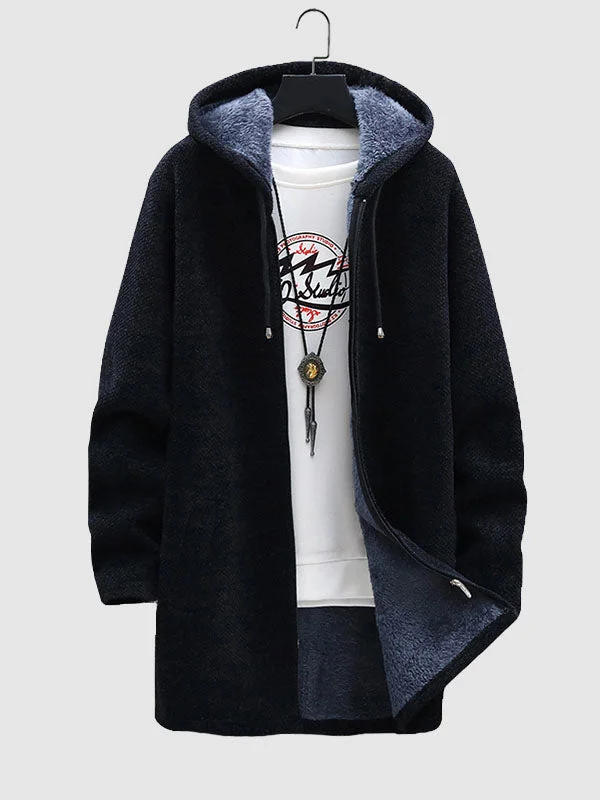 Men's Fleece-lined thickened knitted zipper Long  hooded jacket