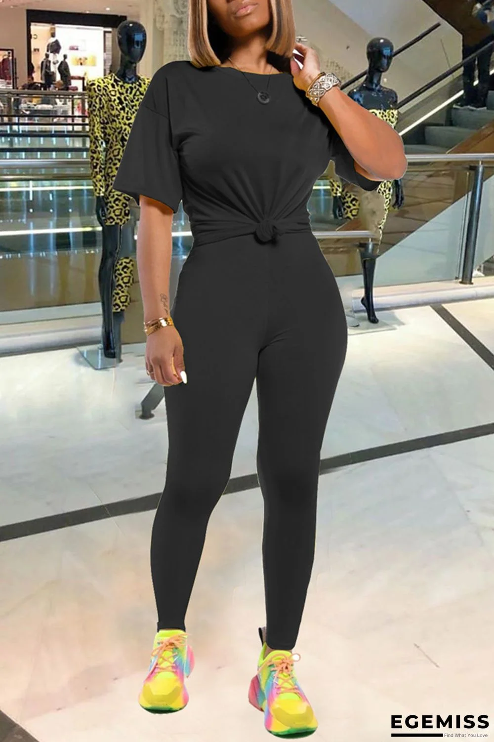 Black Fashion Casual adult Ma'am Solid Two Piece Suits pencil Short Sleeve Two Pieces | EGEMISS