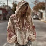 Women's Vintage Floral Art Embroidered Zipper Hoodie - Image 2