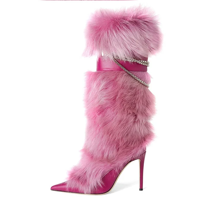 Fuchsia Pointed Mid Calf Boots Elegant Furry Shoes Patent Heels |FSJ Shoes