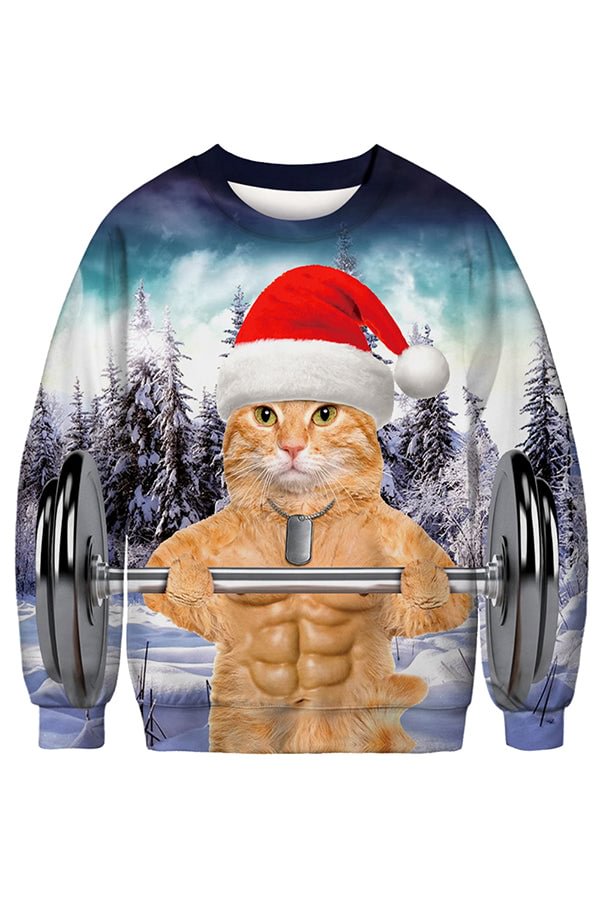 Long Sleeve Funny Muscular Cat Print Christmas Sweatshirt Yellow-elleschic