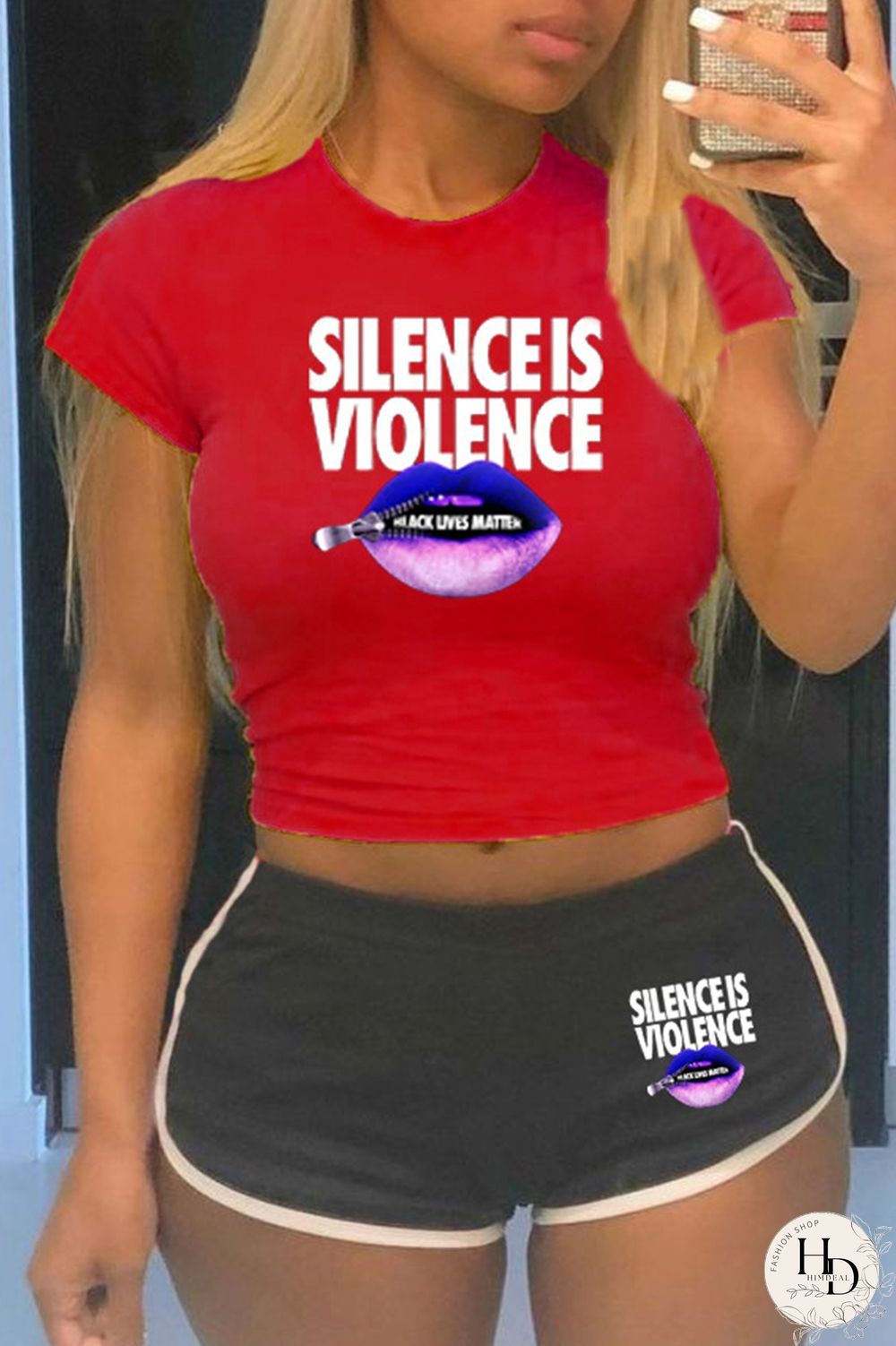 Red Fashion Casual Letter Print Basic O Neck Short Sleeve Two Pieces