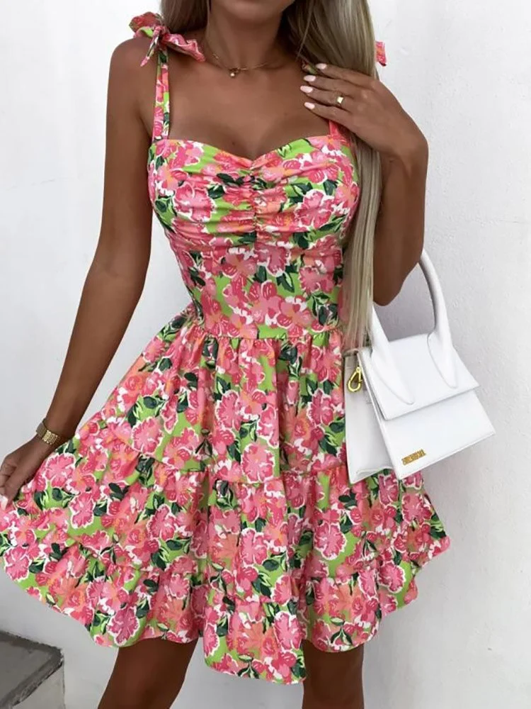 2022 Summer Sleeveless Slim Party Dress Women Vintage Print   High Waist Backless Dress Elegant Lady V Neck Split Dress Vestidos