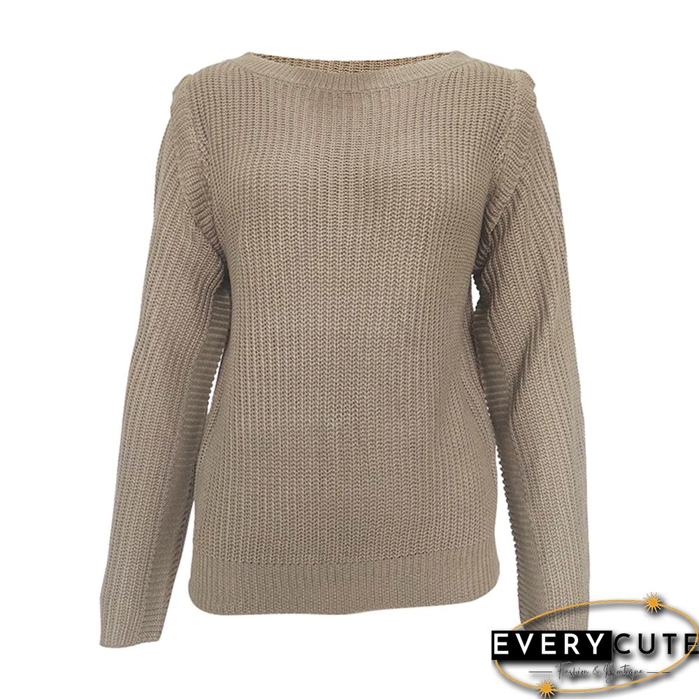 Khaki Knitted Pullover Long Sleeve Sweater