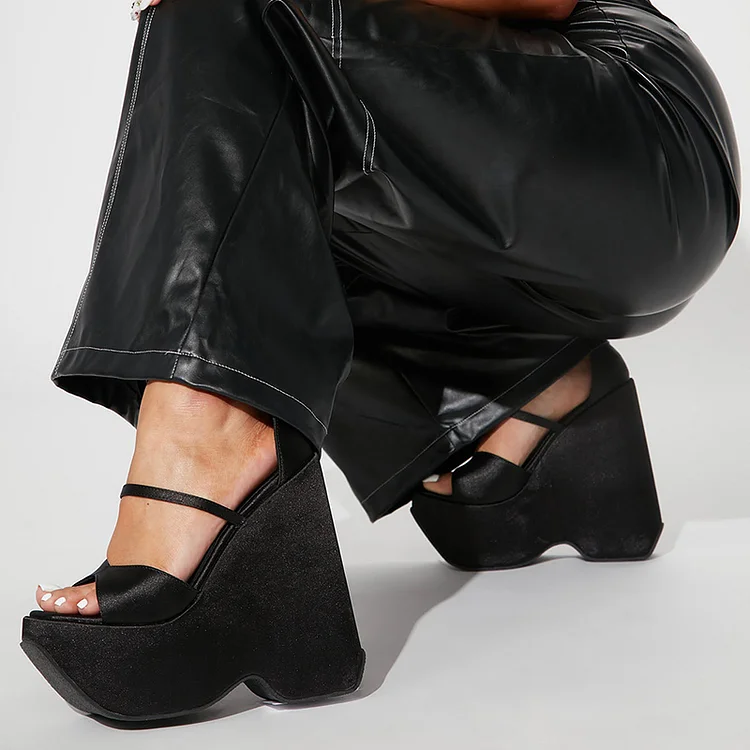 Black Satin Platform Sandals with Lug Sole and Ankle Strap Vdcoo