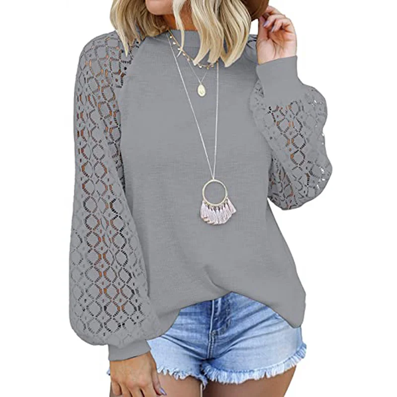 Gray Splice Lace Loose Long Sleeve Top