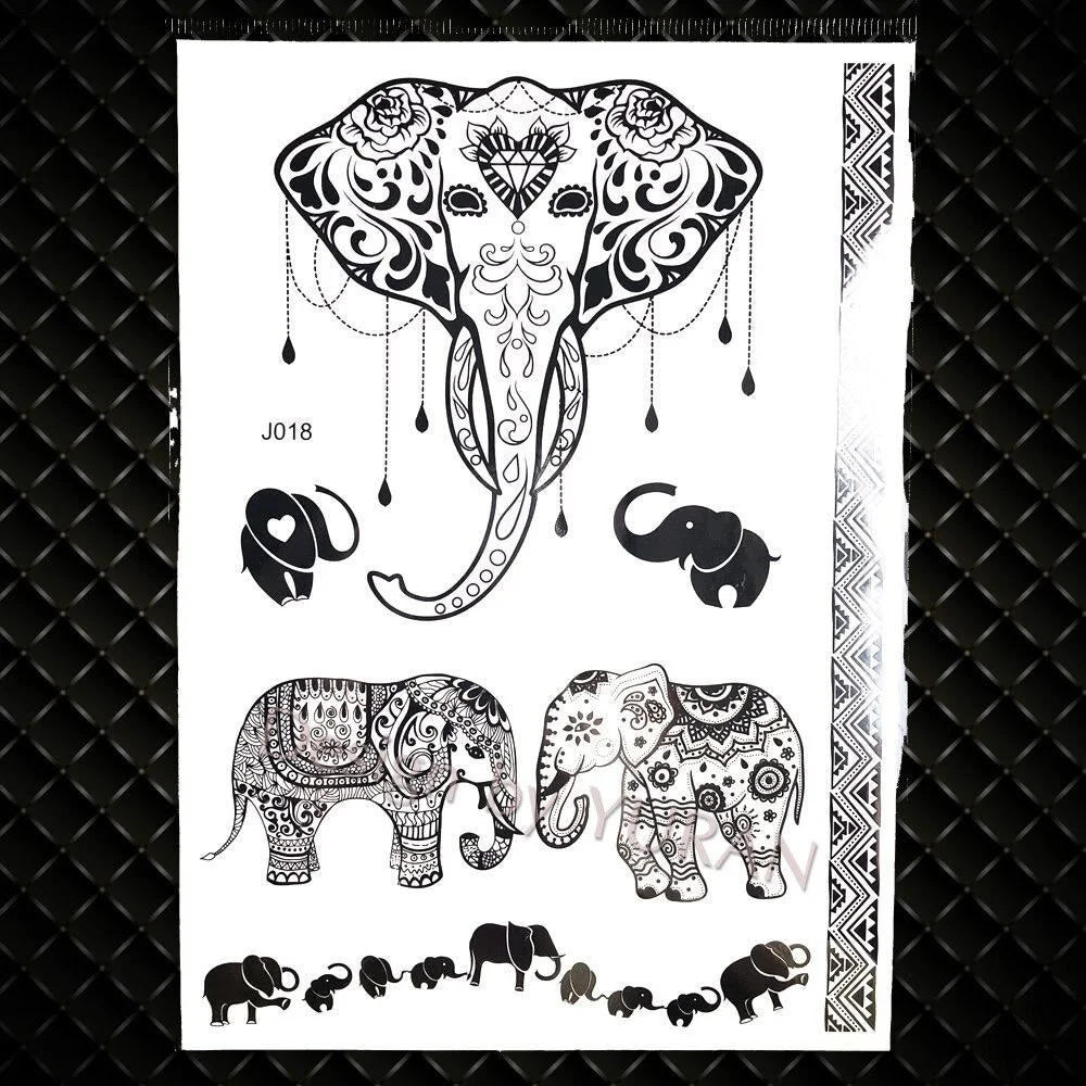 India Elephant Hamsa Hand Women Girl Waterproof Fake Tattoos Stickers Black Lotus Mehndi Temporary Tattoo Wedding Triangle Boho