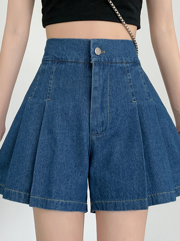 Pleated Detail High Waist Denim Shorts